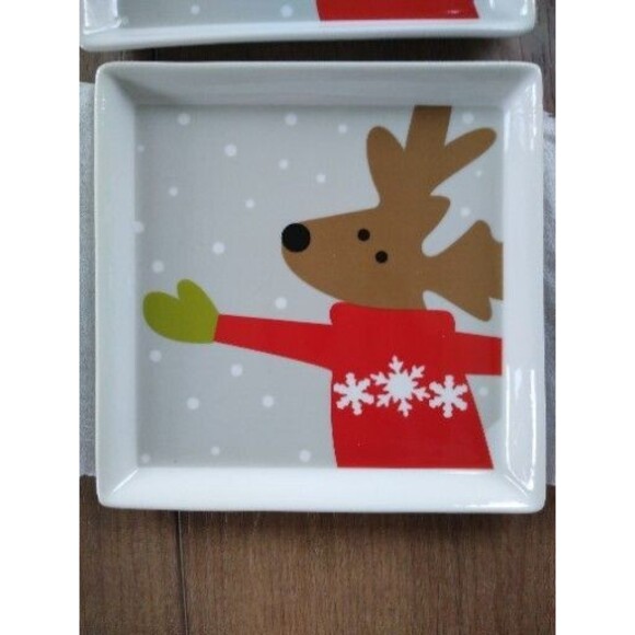 Crate & Barrel Square Skating Reindeer Christmas 6" Appetizer Plates (4) NWT - Picture 3 of 4